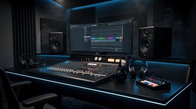 A modern music production studio with a large monitor, mixing console, studio monitors, headphones, and a compact MIDI controller in a dimly lit room.