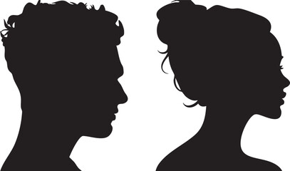 A striking side profile silhouette of an adult man with textured curly hair, facing right, dynamically paired with a modern woman with her hair pulled into a fashionable high top knot, facing left. © IconicWave