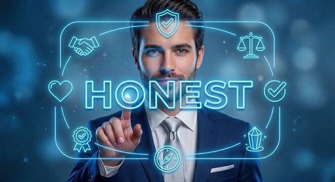 Businessman touching the word Honest surrounded by glowing neon representing trust integrity and ethical business practices in a modern digital interface