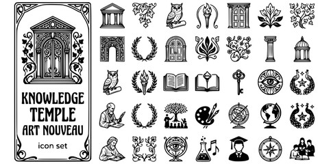 Obraz premium Knowledge Temple Art Nouveau Black White-Archway Vine Wisdom Motif Academic-Education Art Vector-Temple Icon Art Nouveau-Education Design Set