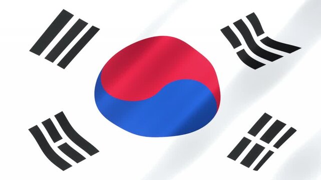 Stylized South Korean flag waving with 3D ripples and smooth silk texture, featuring the red and blue Taegeuk symbol and black trigrams