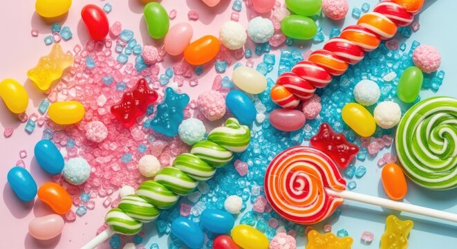 A vibrant assortment of colorful candies spills across a pink background. The candies include jelly beans, gummy bears, swirl lollipops, gumdrops, and sugar crystals.