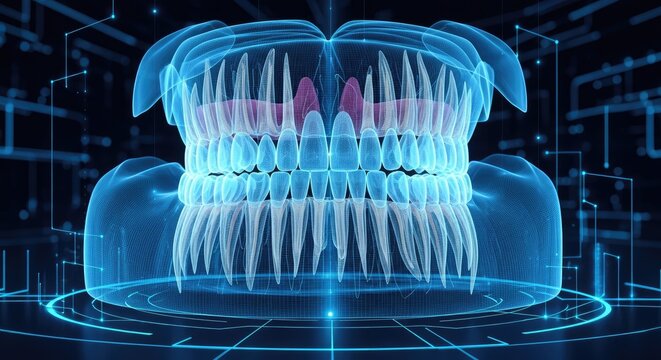 A digitally rendered, translucent human mouth with teeth glows with a vibrant blue light. The mouth is encased in a holographic projection, surrounded by complex digital circuitry and glowing lines.