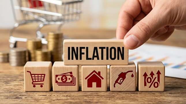 Inflation and Economic Crisis Concept with Wooden Blocks and Icons