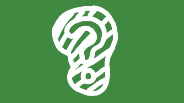 White striped question mark help desk hand-drawn cartoon graphic with chalk outline textured FAQ problem solving icon isolated on green screen background for school classroom quiz line art element.