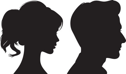 A striking black silhouette of a woman with a high ponytail looking right and a man with short curly hair looking left, symbolizing individual paths. © IconicWave