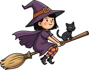 Obraz premium Little girl dressed as a witch flying on a broomstick with a black cat