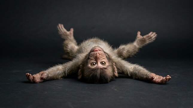 A young Japanese macaque monkey lies on its back with its arms and legs spread wide, looking up at the camera with a curious expression.