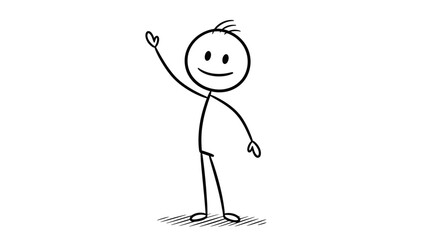 A simple hand drawn stick figure character waving hello with a friendly smile. © REZA