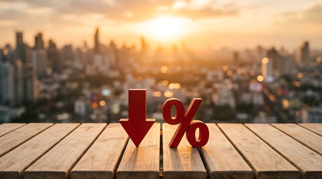 Red Percentage and Down Arrow for Economic Crisis at Sunset
