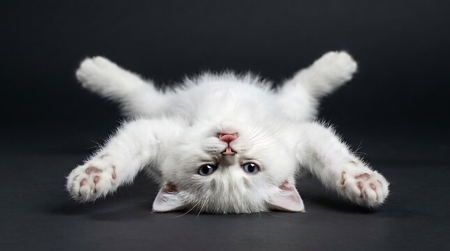 A fluffy white kitten lies on its back with its legs splayed out in a playful pose against a dark background.
