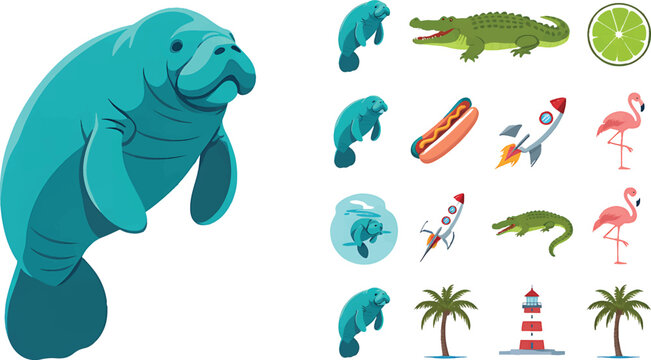 A large blue manatee swims near various tropical icons including flamingos and palm trees with a crocodile and lime nearby