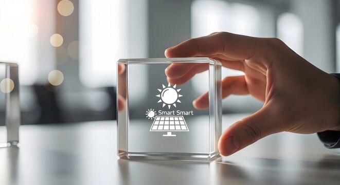 Hand holding solar panel concept block with 'smart smart' text