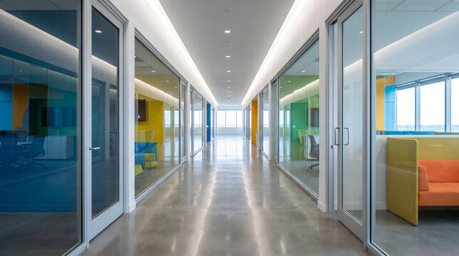Modern office corridor with glass partitioned rooms and colorful interior decoration