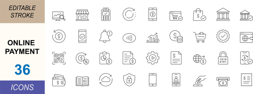 Online payment line icon set. Featuring transactions, wallets, checkout and digital finance concepts. Clean vector set for fintech apps and ecommerce. Editable stroke. 