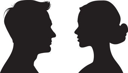 A striking minimalist graphic showing the black silhouettes of a man and a woman in profile, positioned face-to-face on a pristine white background. © IconicWave