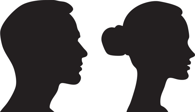 A symbolic representation showing the distinct black silhouettes of a man and a woman in profile, looking directly towards one another on an isolated white background.