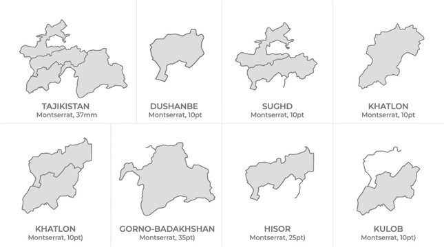 Tajikistan Regions Map Outline: Dushanbe, Sughd, Khatlon, Gorno-Badakhshan, Hisor, Kulob