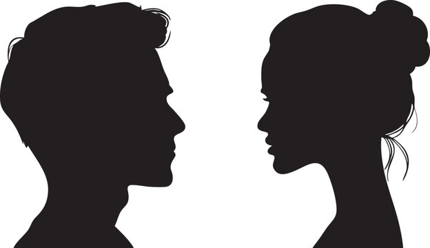 A timeless graphic illustration showcasing the black silhouettes of a man and a woman engaged in mutual gaze, presented in profile on a stark white background.