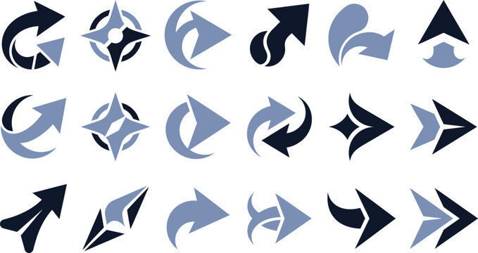 Set of various directional arrows and compass points in modern flat design for navigation and direction.