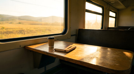 Fototapeta premium Wooden table and seats inside a train carriage with golden field landscape visible through the window