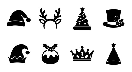 Christmas Icons Set, Festive Holiday Symbols, Santa Hats, Reindeer Antlers, Tree, Pudding, Crown, Party Hat Vector Graphics © Anika