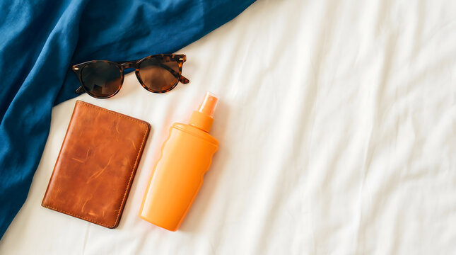 Sunscreen spray passport sunglasses and blue fabric on white bedsheet flat lay