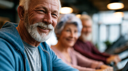 Fototapeta premium A wide shot of active seniors laughing softly mid workout while encouraging each other in a bright open gym senior workout open faces bright gym daylight workspace full