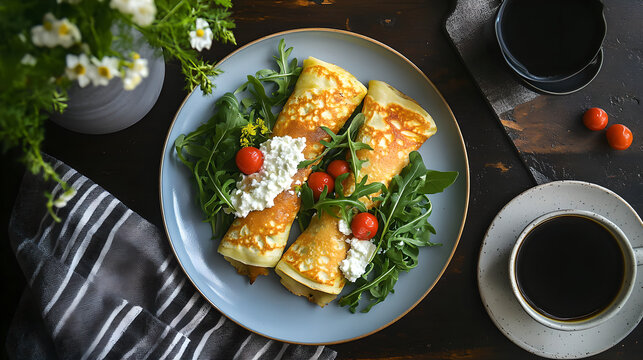 Savory crepes stuffed with cottage cheese and served with fresh arugula and cherry tomatoes on a dark wooden table