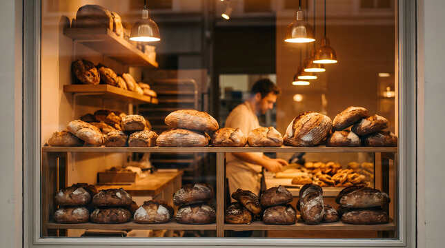 Bakery window display featuring various handmade breads with warm lighting and wooden shelves