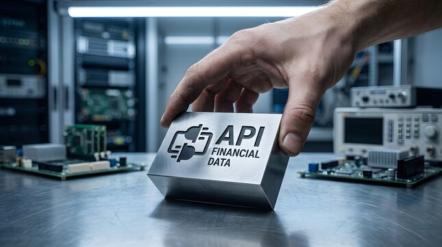 Financial data api concept hand holding metallic block with api logo