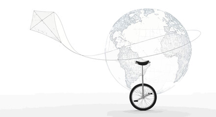 Global Travel Concept: Unicycle Circumnavigating Wireframe Earth with Kite © Bak