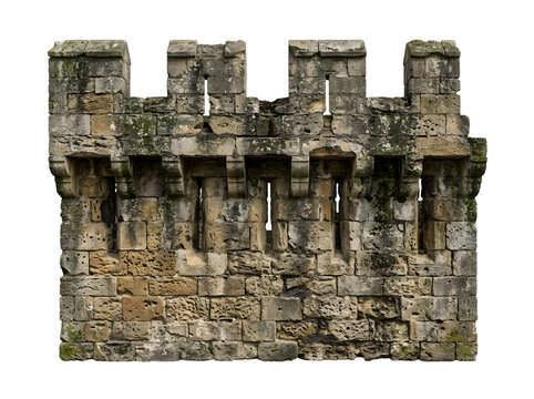 Old stone castle wall with battlements and vintage weathered texture of an ancient fortress