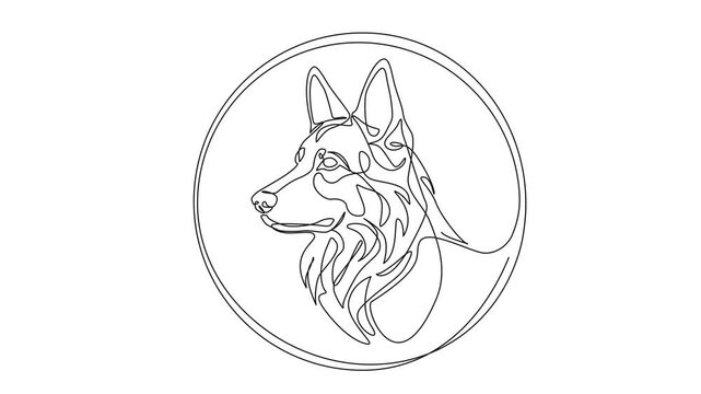 animated minimalist continuous line drawing of german shepherd dog head inside a circular frame, suitable for modern logo design and branding, line art animation