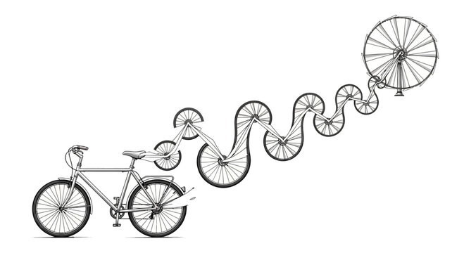 Creative bicycle transforming into winding path with wheels, abstract concept