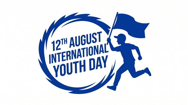International Youth Day 12th August graphic, blue silhouette of boy running with flag, youth empowerment and global celebration concept