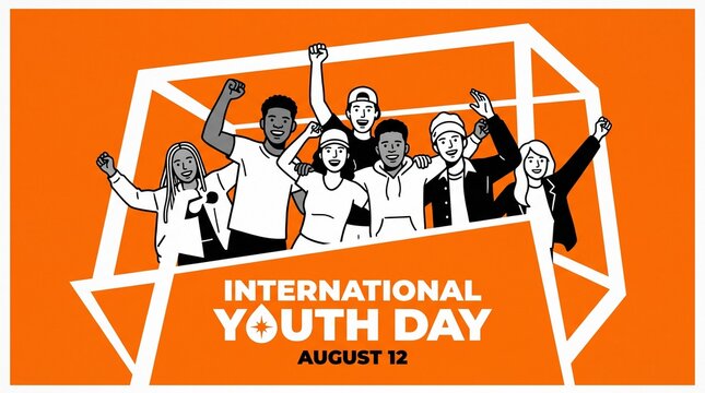 International Youth Day banner with diverse young people, August 12 celebration graphic, orange background with group of happy teenagers