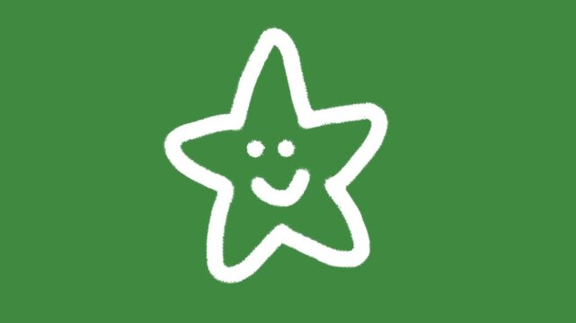 Smiley star customer satisfaction rating hand-drawn cartoon graphic with chalk outline happy star icon isolated on green screen background for creative gamification and reward system line art element.