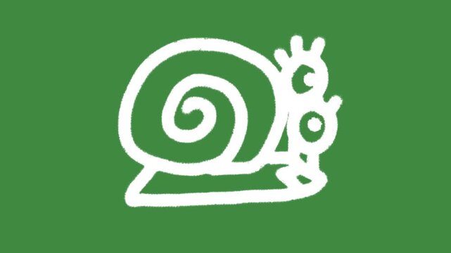 Cute snail spiral shell hand-drawn cartoon graphic with chalk outline slow performance icon isolated on green screen background for mindful slow living philosophy line art element concept.