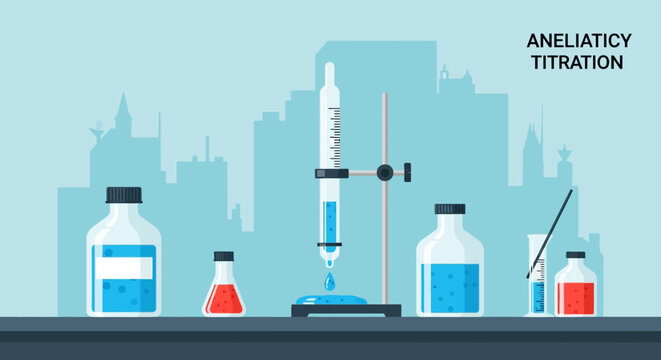 Chemistry Titration Experiment with Glassware and Liquids Demonstrating Chemical Analysis