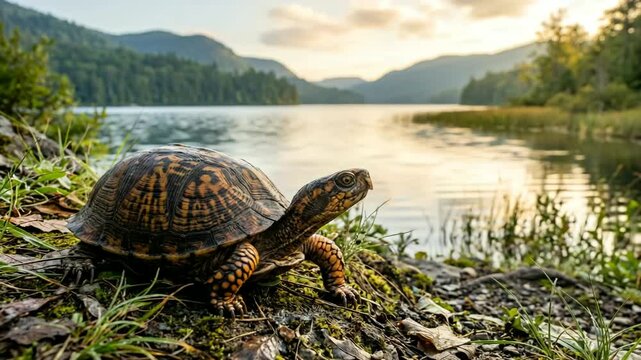 box turtle near lake close up morning light north america video