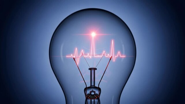 Light bulb healthcare growth statistics heartbeat innovation glow with medical pulse data vision and cardiogram energy concept