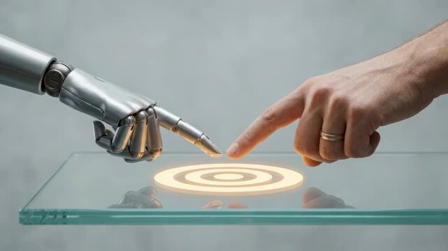 Robot hand human finger glass target strategic navigation touch technology interaction with glowing goal and precise contact on glass table
