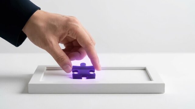 Hand Puzzle Frame Strategic Navigation Solution Business Guide with Purple Piece Placement White Background Concept