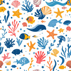 Naklejka premium Seamless ocean pattern vector featuring seashells, starfish, coral reefs, tropical fish, ocean waves and seaweed