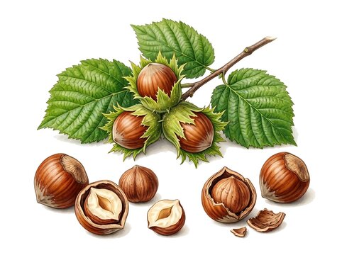 A collection of fresh hazelnuts on a branch with green leaves and scattered nuts isolated on white background