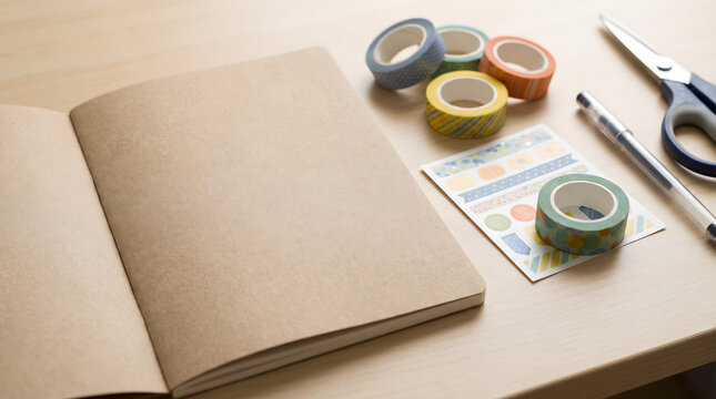 Open notebook and stationery items arranged on a wooden desk surface