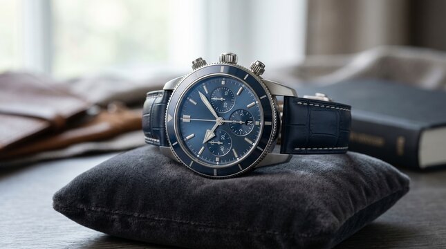 Luxury Blue Chronograph Wristwatch on Velvet Cushion &ndash; Premium Men's Fashion Accessory, Elegant Timepiece Close Up