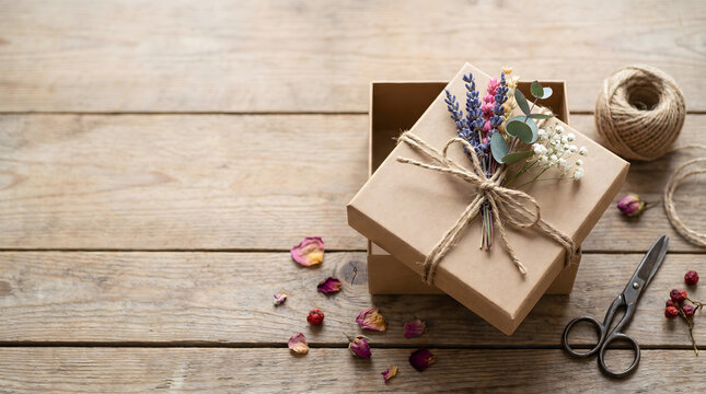 Kraft paper gift box tied with twine and decorated with dried flowers on wooden surface