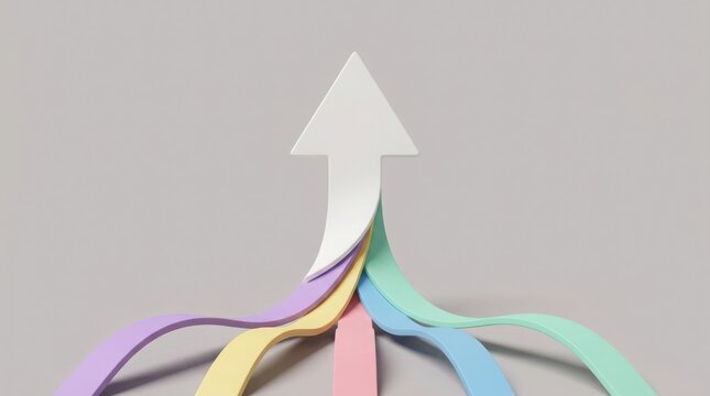 Abstract 3d render of multiple colorful ribbons merging into one arrow